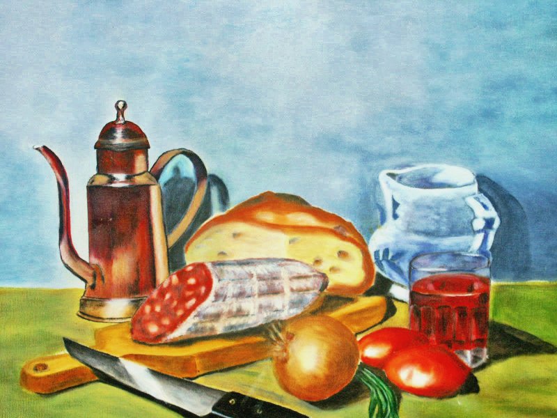 Nature morte pain saucisson-G